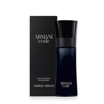 Armani Code Perfume | Sophisticated Spicy Woody Fragrance for Men » Scott Beauty Shop Bottle of Armani Code perfume featuring a sleek black design with a luxurious, masculine finish