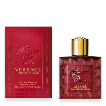 Bottle of Versace Eros Flame featuring deep red glass with gold Medusa emblem
