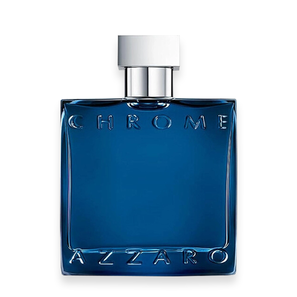 Azzaro Chrome Parfum by Azzaro » Scott Beauty Shop Azzaro Chrome Parfum bottle with metallic silver design and blue fragrance