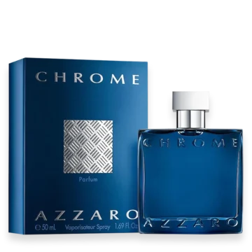 Azzaro Chrome Parfum bottle with metallic silver design and blue fragrance