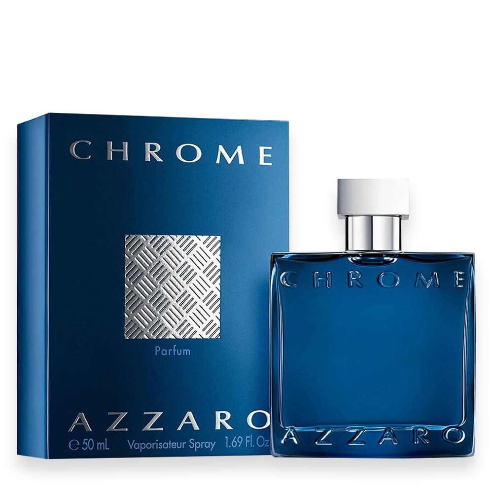 Azzaro Chrome Parfum by Azzaro » Scott Beauty Shop Azzaro Chrome Parfum bottle with metallic silver design and blue fragrance