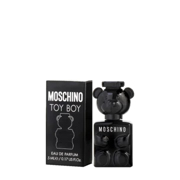 Miniature bottle of Toy Boy by Moschino featuring the iconic black teddy bear-shaped design