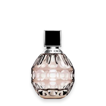 Bottle of Jimmy Choo perfume featuring a sleek crystal design with rose-gold accents