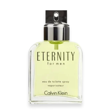 Eternity for Men by Calvin Klein cologne bottle with clear glass and silver cap