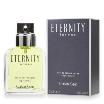 Eternity for Men by Calvin Klein cologne bottle with clear glass and silver cap