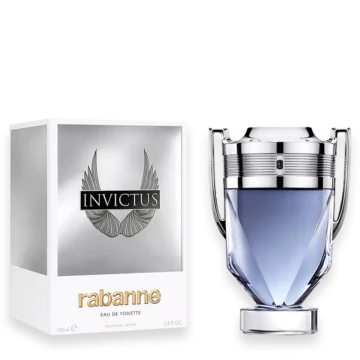 Bottle of Invictus by Paco Rabanne fragrance for men shaped like a trophy