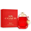 Coach New York Love perfume bottle with red glass, gold cap, and heart charm beside a matching red box.