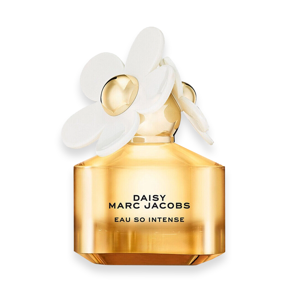 Marc Jacobs Daisy Eau So Intense Eau de Parfum » Scott Beauty Shop Marc Jacobs Daisy Eau So Intense perfume bottle with daisy flower cap