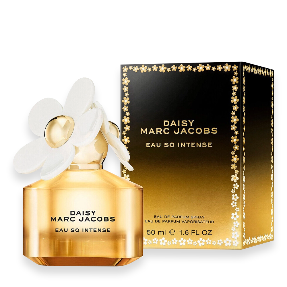 Marc Jacobs Daisy Eau So Intense Eau de Parfum » Scott Beauty Shop Marc Jacobs Daisy Eau So Intense perfume bottle with daisy flower cap
