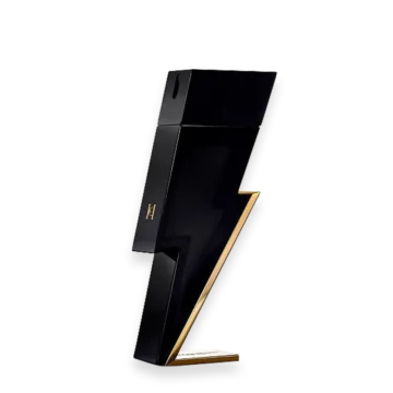 Bottle of Bad Boy perfume by Carolina Herrera featuring a striking black and gold lightning bolt design
