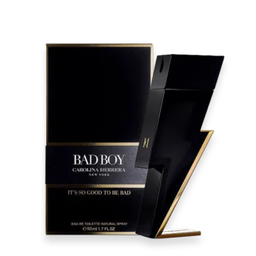 Bottle of Bad Boy perfume by Carolina Herrera featuring a striking black and gold lightning bolt design