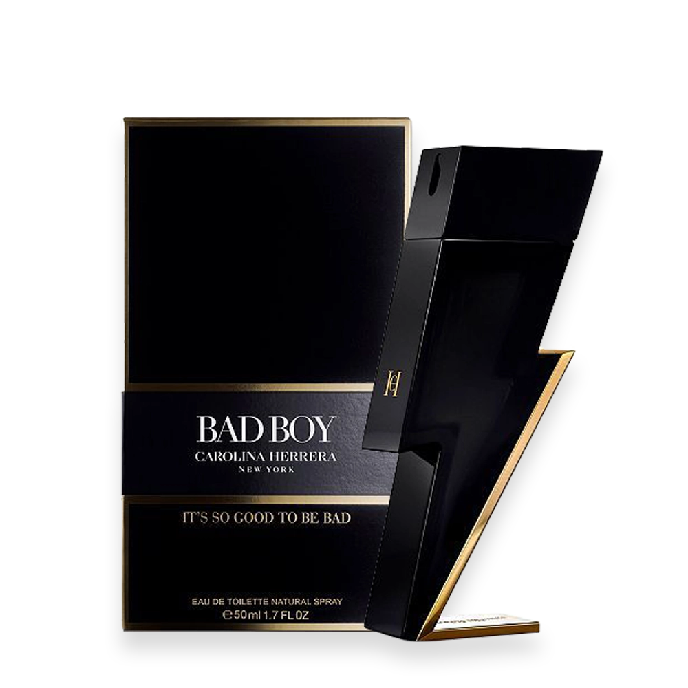 Bad Boy Perfume by Carolina Herrera | Bold Spicy Woody Fragrance for Men » Scott Beauty Shop Bottle of Bad Boy perfume by Carolina Herrera featuring a striking black and gold lightning bolt design