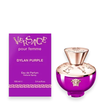 Versace Dylan Purple Pour Femme perfume bottle with elegant purple glass design and gold accents
