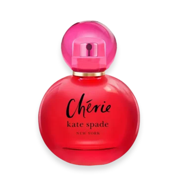 Perfume bottle labeled 'Cherie' by Kate Spade New York with a pink round cap and red-puchsia liquid.