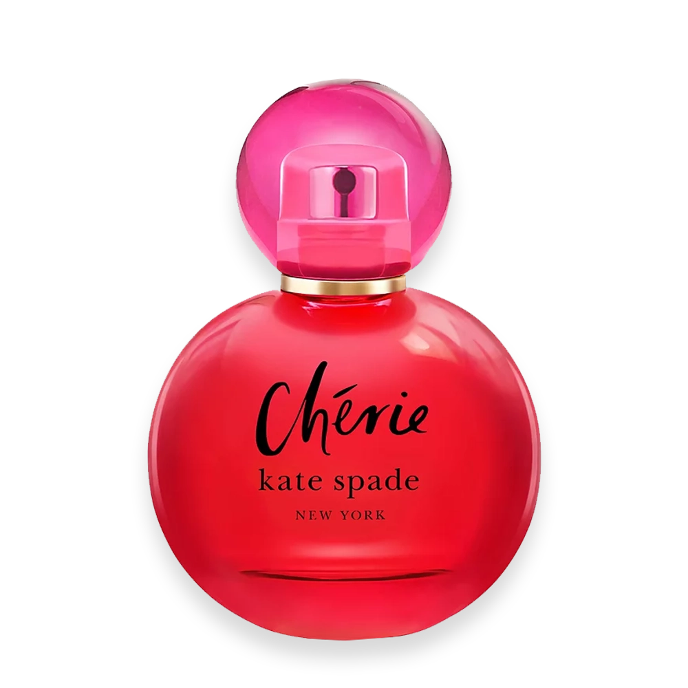 Cherie by Kate Spade Eau de Parfum » Scott Beauty Shop Perfume bottle labeled 'Cherie' by Kate Spade New York with a pink round cap and red-puchsia liquid.