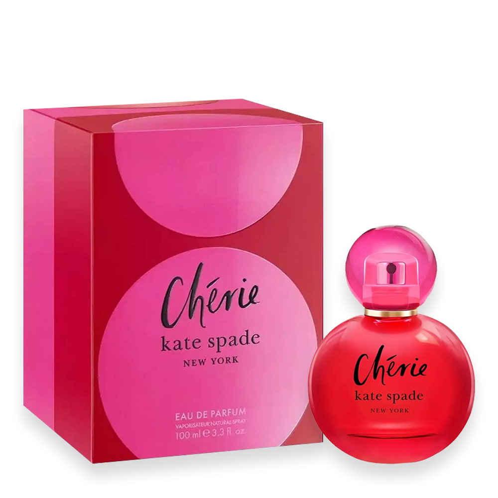 Cherie by Kate Spade Eau de Parfum » Scott Beauty Shop Chérie by Kate Spade New York perfume bottle with pink box beside it.