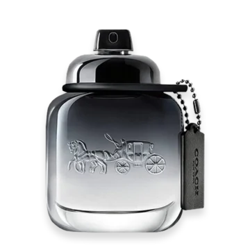 Coach perfume bottle with a horse-drawn carriage engraving and a black tag.
