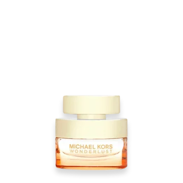 Michael Kors Wonderlust perfume bottle with peach-tinted liquid and beige cap on white background