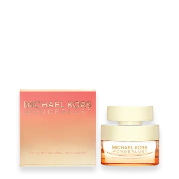Michael Kors Wonderlust perfume bottle with peach gradient box, showcasing the fragrance packaging and bottle design