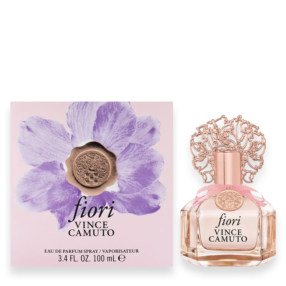 6531VC BOX » Scott Beauty Shop Vince Camuto Fiori perfume box and bottle with a purple flower design on a pale pink background
