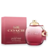 Coach Wild Rose Eau de Parfum bottle with burgundy tea rose charm and leather tag