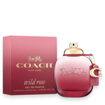 Coach Wild Rose Eau de Parfum bottle with burgundy tea rose charm and leather tag