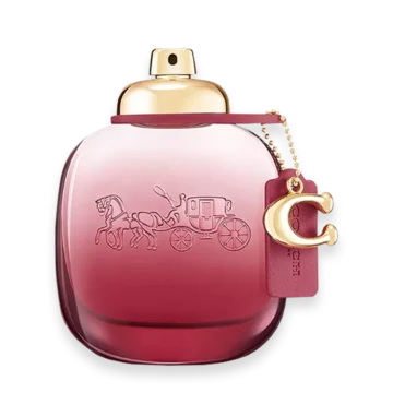 Coach Wild Rose Eau de Parfum bottle with burgundy tea rose charm and leather tag