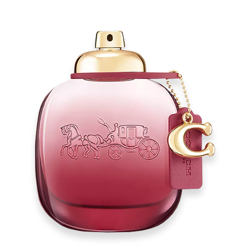 Coach Wild Rose Eau de Parfum by Coach New York » Scott Beauty Shop Coach Wild Rose Eau de Parfum bottle with burgundy tea rose charm and leather tag