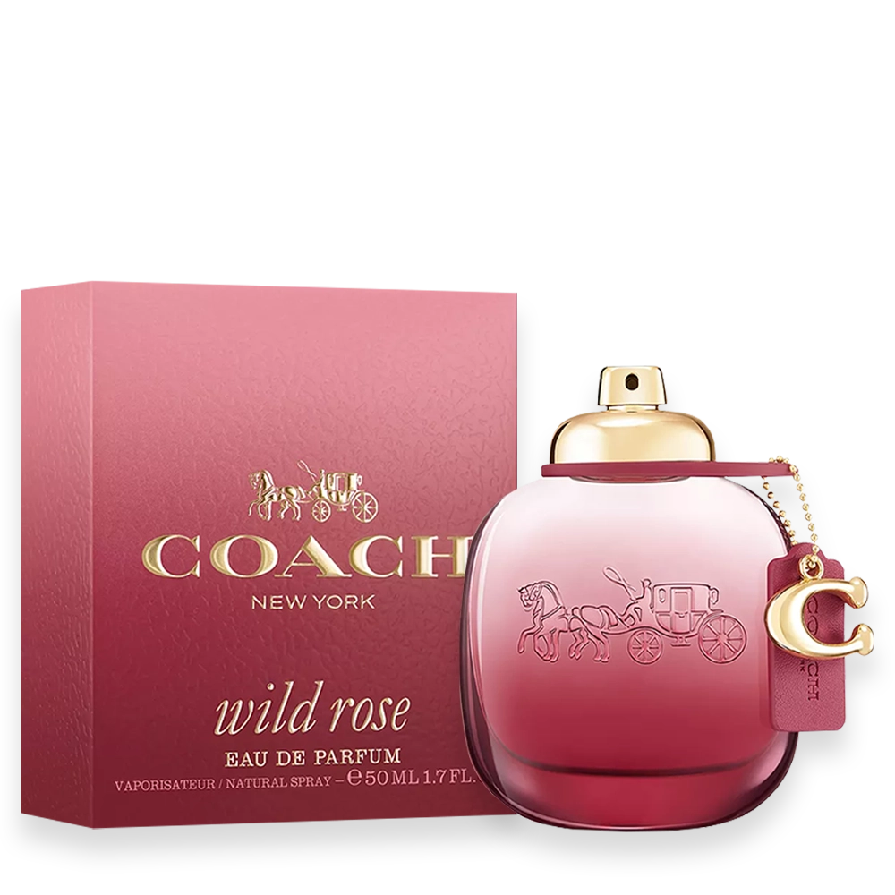 Coach Wild Rose Eau de Parfum by Coach New York » Scott Beauty Shop Coach Wild Rose Eau de Parfum bottle with burgundy tea rose charm and leather tag