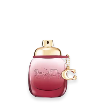 Coach Wild Rose Eau de Parfum bottle with burgundy tea rose charm and leather tag