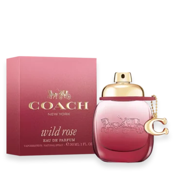 Coach Wild Rose Eau de Parfum bottle with burgundy tea rose charm and leather tag