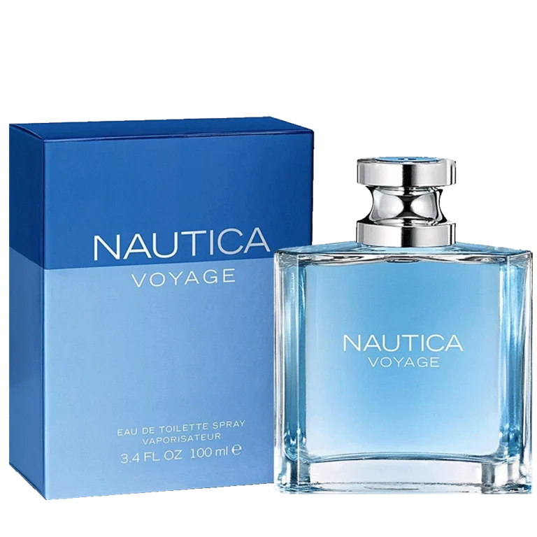 Nautica Voyage | Fresh Aquatic Woody Fragrance for Men » Scott Beauty Shop Bottle of Nautica Voyage perfume featuring a clear glass design with a light blue nautical-inspired look