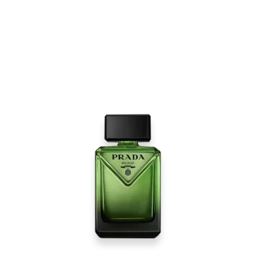 Prada Milano perfume bottle: green glass with a black rectangular cap.