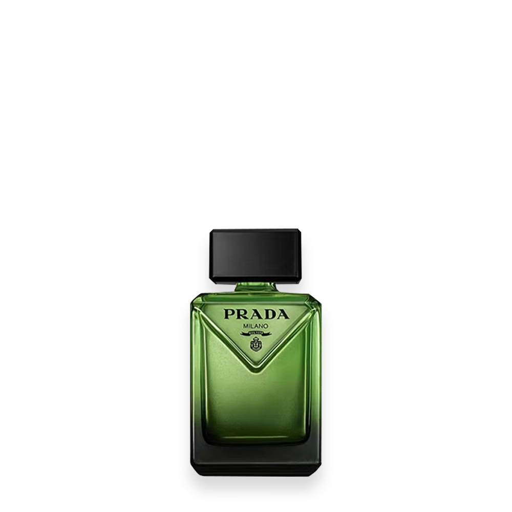 Prada Paradigme Eau de Parfum Mini » Scott Beauty Shop Prada Milano perfume bottle: green glass with a black rectangular cap.