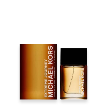 Michael Kors Extreme Journey perfume bottle beside its brown gradient box with white vertical text logo on the left