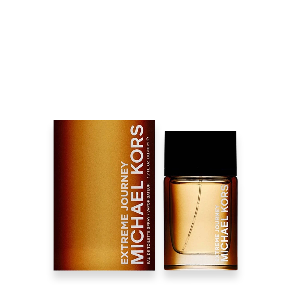 Extreme Journey by Michael Kors Eau de Toilette » Scott Beauty Shop Michael Kors Extreme Journey perfume bottle beside its brown gradient box with white vertical text logo on the left