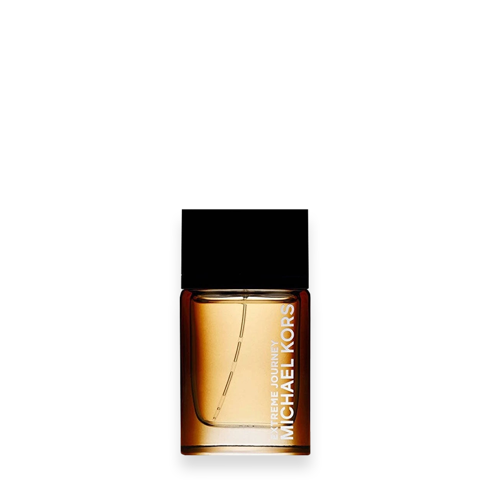 Extreme Journey by Michael Kors Eau de Toilette » Scott Beauty Shop Michael Kors Extreme Journey perfume bottle with amber liquid and a black cap on a dark background