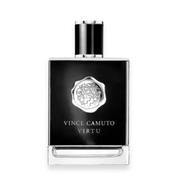 Vince Camuto Virtu perfume bottle with a black rectangular glass and silver cap, featuring a textured crest emblem on the front panel