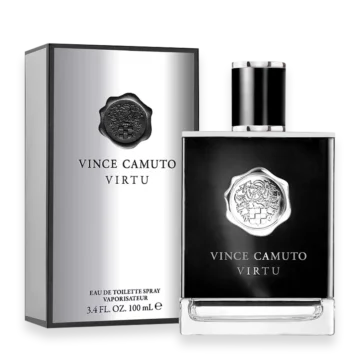 Vince Camuto Virtu perfume bottle with its silver-and-black box, showing the brand name and emblem clearly.