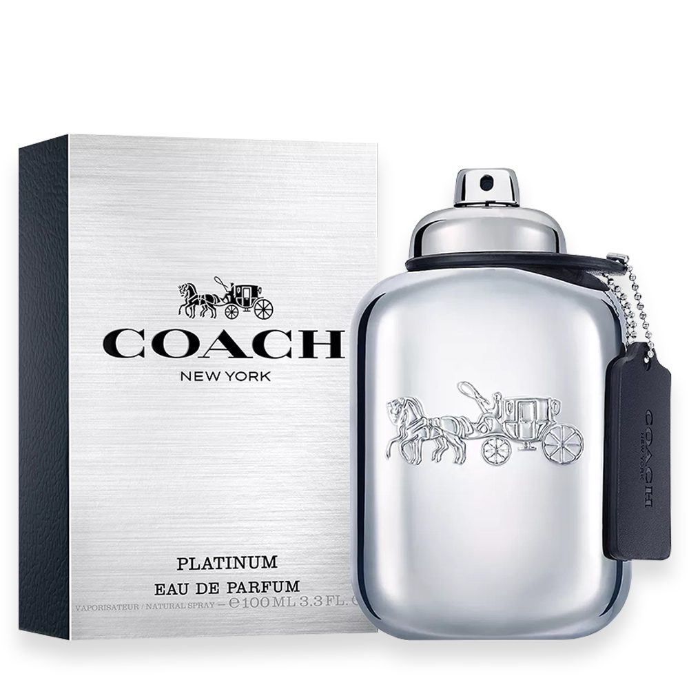 Coach Platinum Eau de Parfum – Men's Fragrance » Scott Beauty Shop Coach Platinum Eau de Parfum men's cologne bottle in silver metallic finish