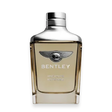 Bentley Infinite Intense perfume bottle with silver cap and beige liquid