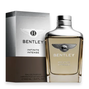 Bentley Infinite Intense perfume bottle beside its box, with wings logo visible on label.