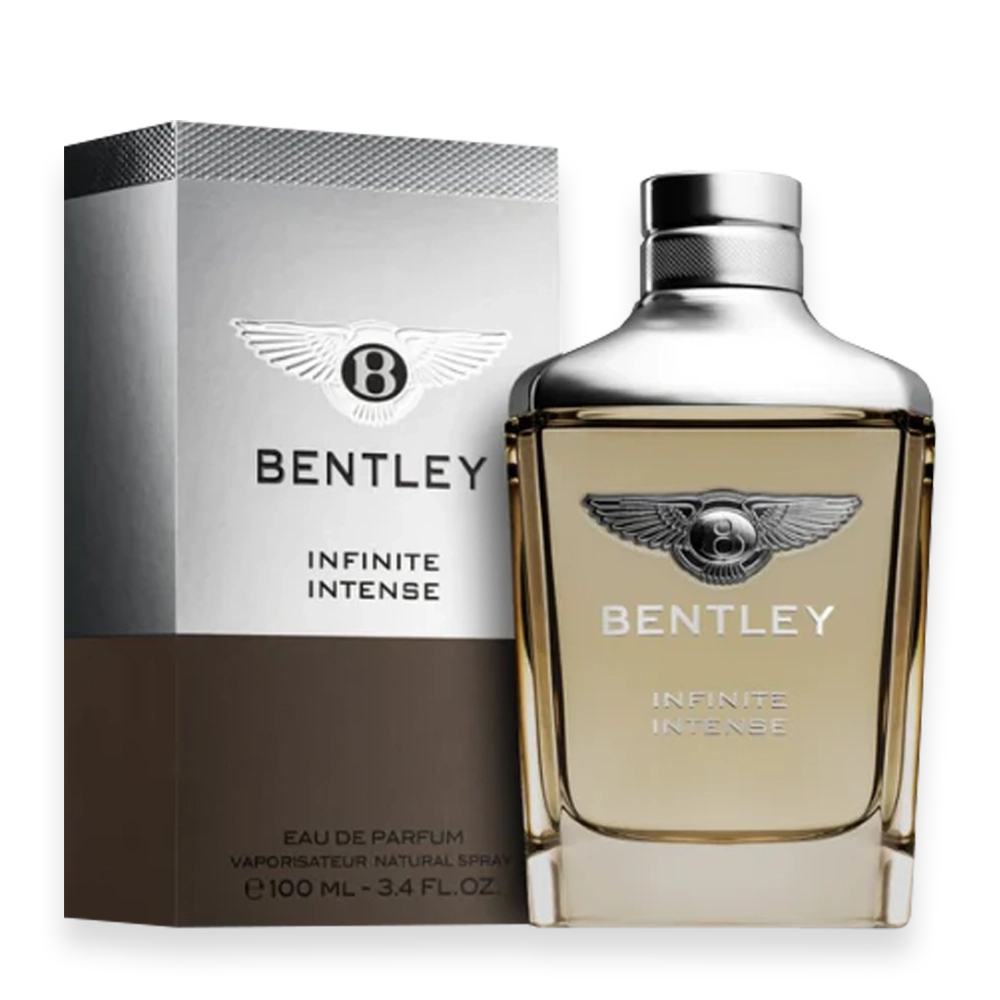 Infinite Intense » Scott Beauty Shop Bentley Infinite Intense perfume bottle beside its box, with wings logo visible on label.