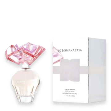 BCBG MaxAzria perfume bottle with pink faceted cap beside its white box, branding visible on both.