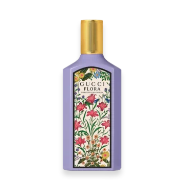 Bottle of Gucci Flora Gorgeous Magnolia perfume with floral design