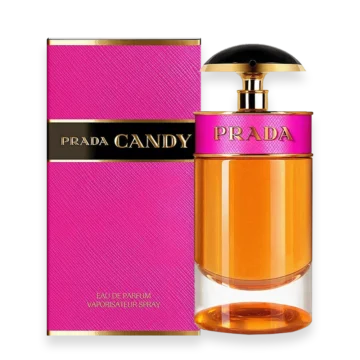 Bottle of Prada Candy perfume featuring a bold pink and gold design with modern luxury styling