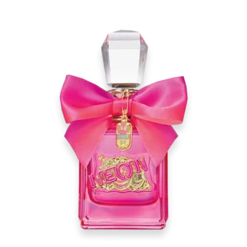 Pink glass perfume bottle with a large pink satin bow and gold emblem on the front.