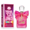 Pink Viva La Juicy Neon perfume box and matching pink bottle with large pink bow and crystal cap, Juicy Couture branding visible on box and bottle