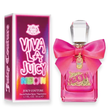 Pink Viva La Juicy Neon perfume box and matching pink bottle with large pink bow and crystal cap, Juicy Couture branding visible on box and bottle