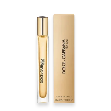 Dolce & Gabbana The One perfume bottle next to its beige box, gold-cap design